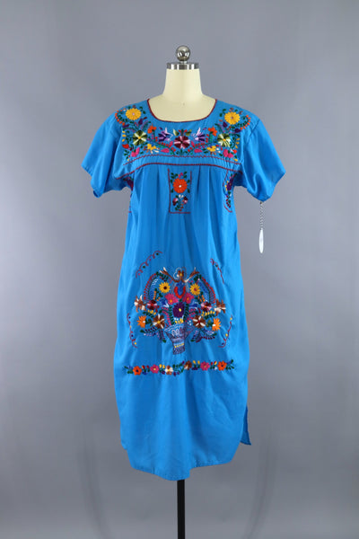 Ocean Blue Vintage Mexican Dress / Oaxacan Embroidered Caftan - ThisBlueBird