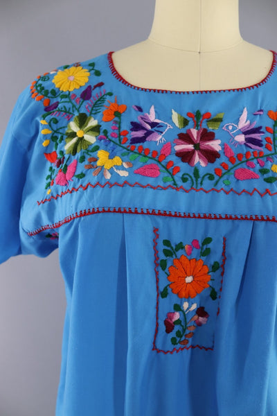 Ocean Blue Vintage Mexican Dress / Oaxacan Embroidered Caftan - ThisBlueBird