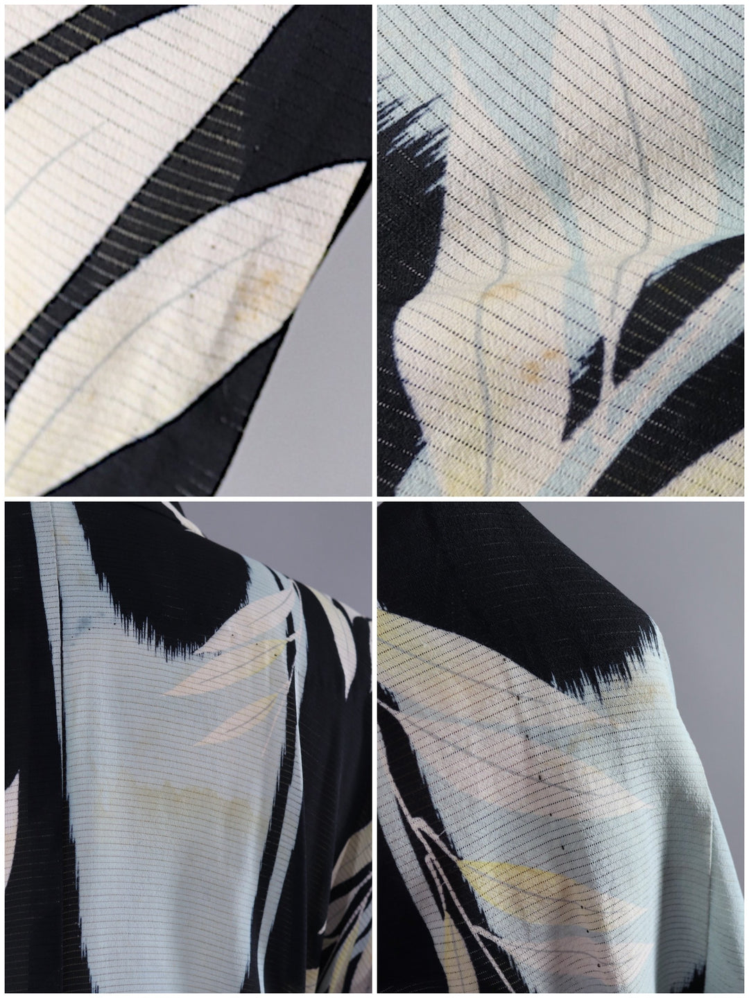 Vintage Silk Kimono Robe / Black &amp; Blue Leaves Print / 1920s 1930s - ThisBlueBird