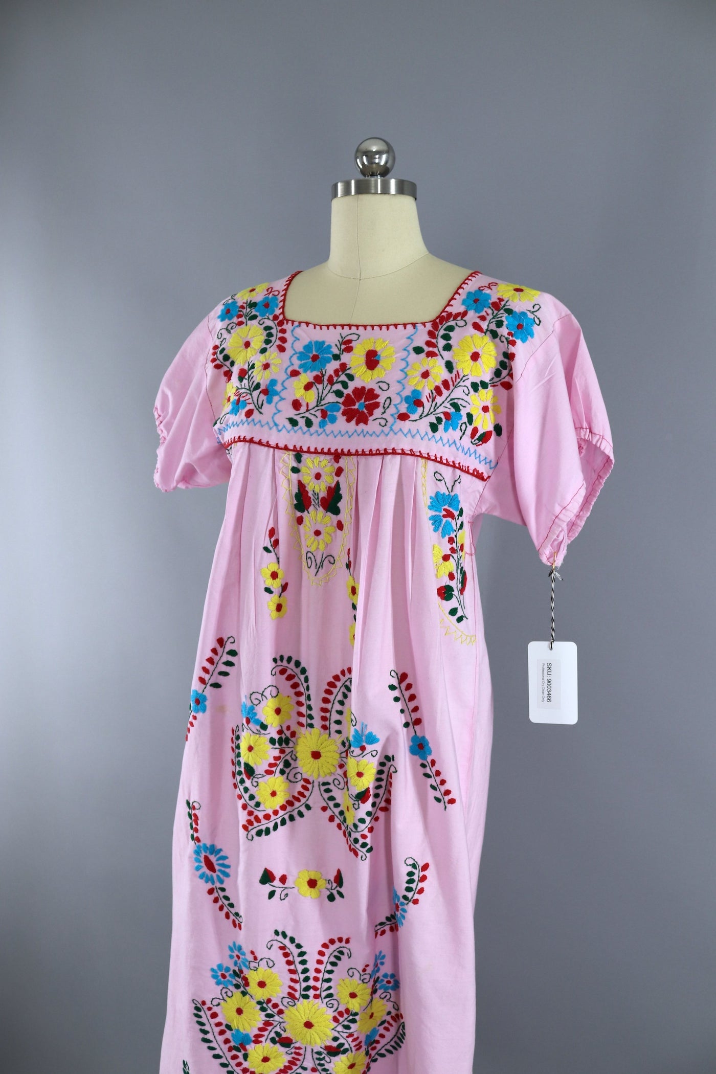 Pastel Pink Vintage Mexican Dress / Oaxacan Embroidered Caftan - ThisBlueBird