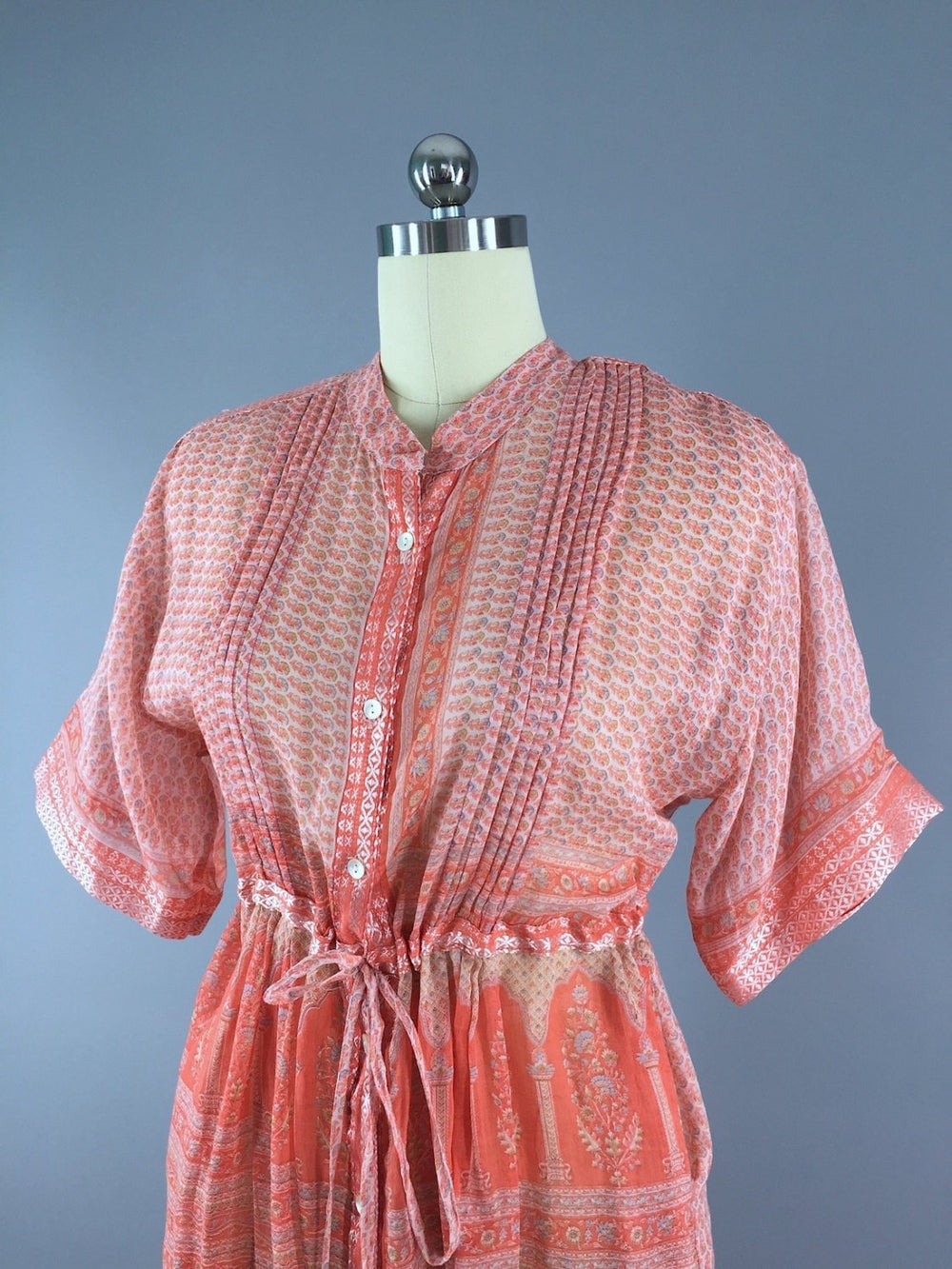 Peach Floral Print Indian Cotton Dress made from a Vintage Sari Dress - ThisBlueBird