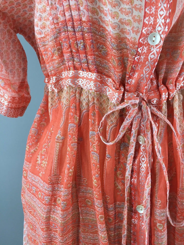 Peach Floral Print Indian Cotton Dress made from a Vintage Sari Dress - ThisBlueBird