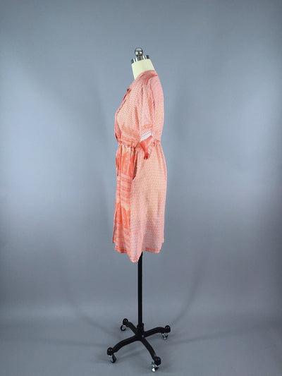Peach Floral Print Indian Cotton Dress made from a Vintage Sari Dress - ThisBlueBird