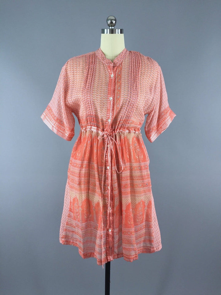 Peach Floral Print Indian Cotton Dress made from a Vintage Sari Dress - ThisBlueBird