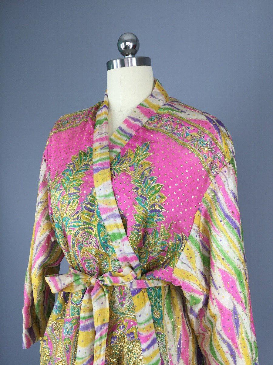 Pink and Gold Embroidered Silk Kimono Jacket made from a Vintage Indian Sari - ThisBlueBird
