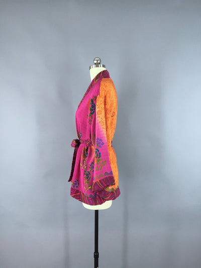 Pink & Orange Floral Print Silk Kimono Jacket made from a Vintage Indian Sari - ThisBlueBird
