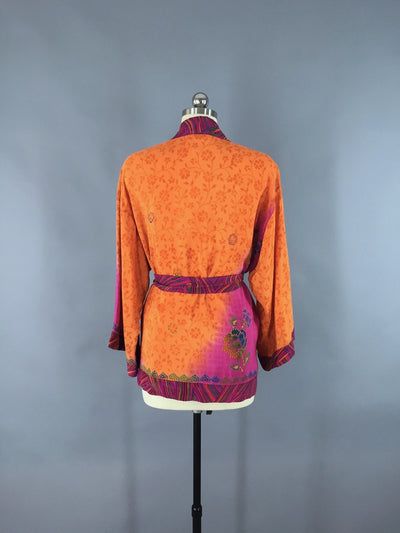 Pink & Orange Floral Print Silk Kimono Jacket made from a Vintage Indian Sari - ThisBlueBird