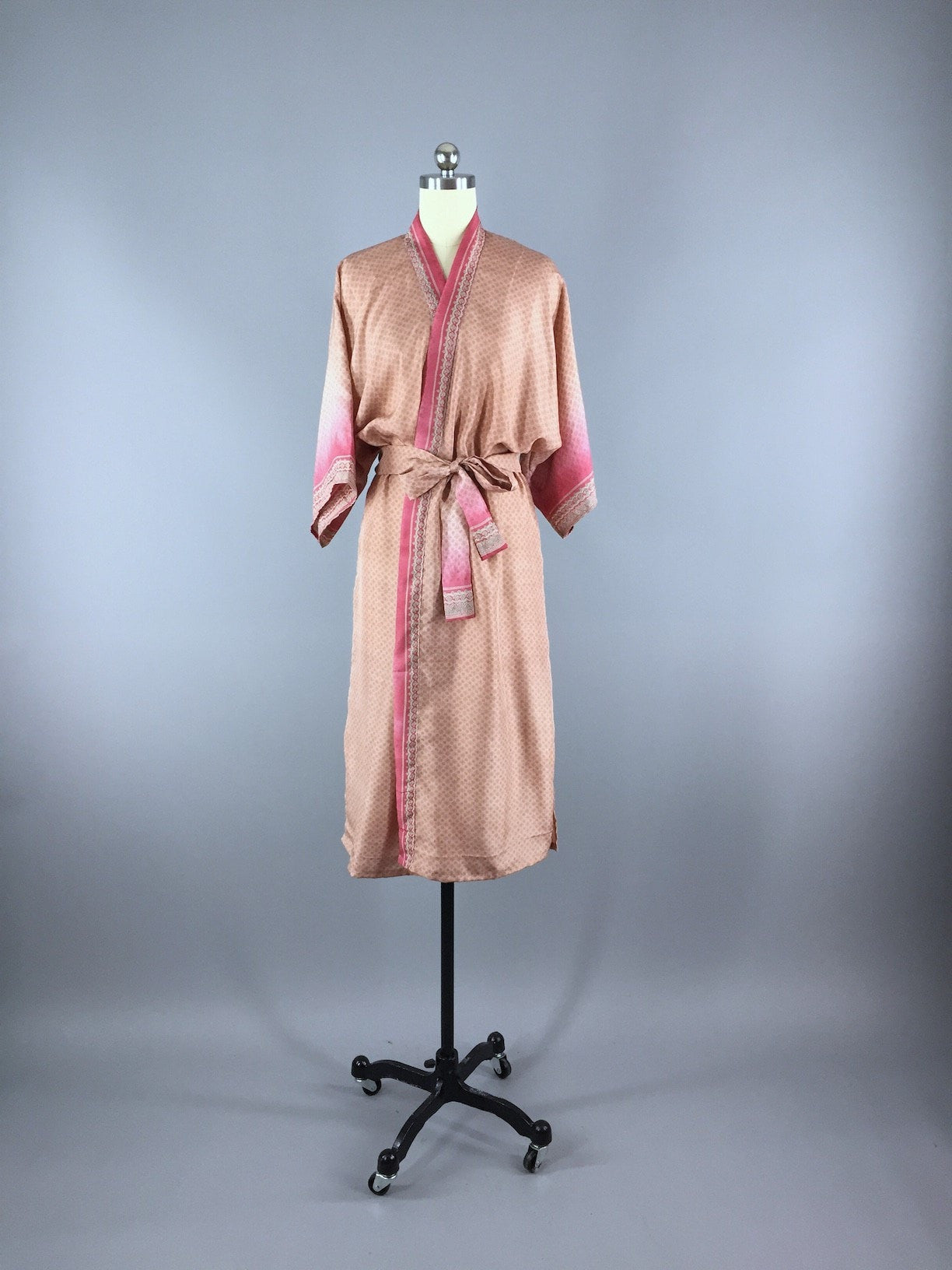 Pink Terracotta Floral Print Robe made from a Vintage Indian Sari - ThisBlueBird