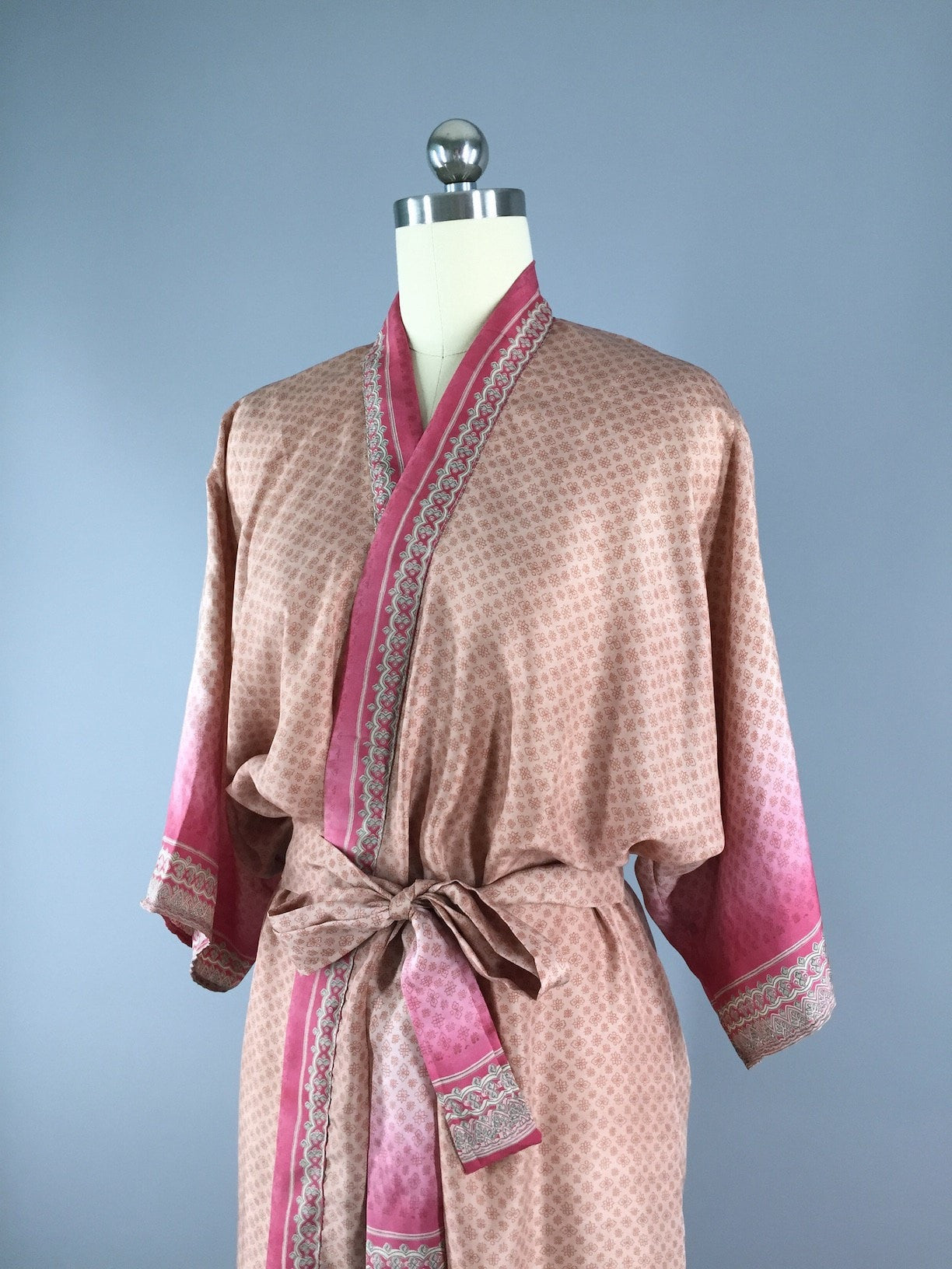 Pink Terracotta Floral Print Robe made from a Vintage Indian Sari - ThisBlueBird
