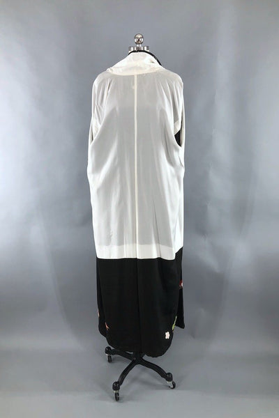 PREVIEW - Antique Black & Peach Cranes Silk Kimono Robe-ThisBlueBird - Modern Vintage