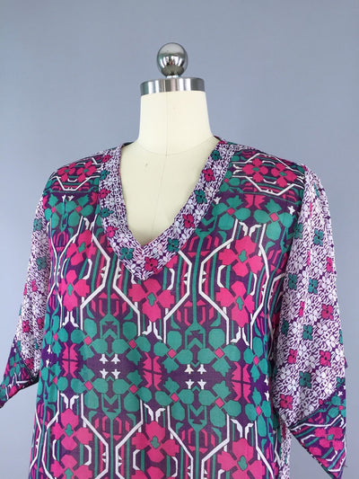 Purple Floral Print Cotton Kaftan Tunic Dress made from a Vintage Indian Sari - ThisBlueBird