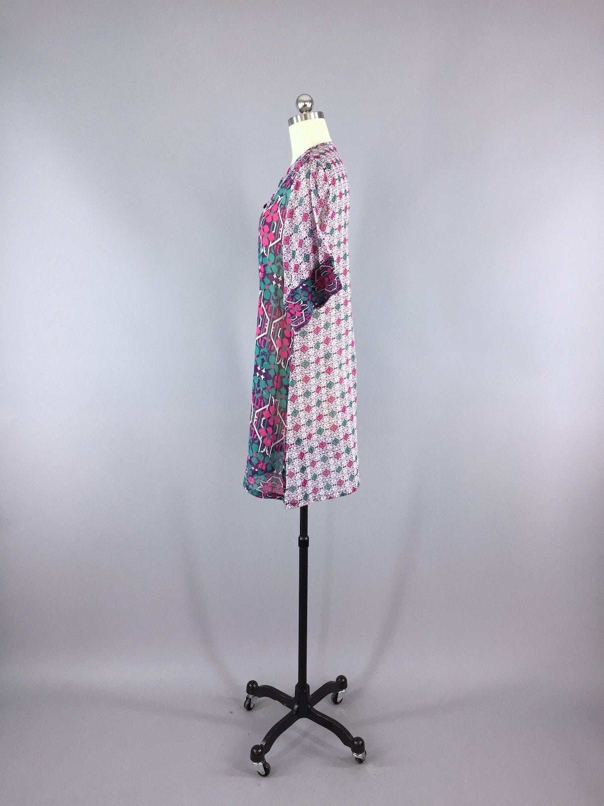 Purple Floral Print Cotton Kaftan Tunic Dress made from a Vintage Indian Sari - ThisBlueBird