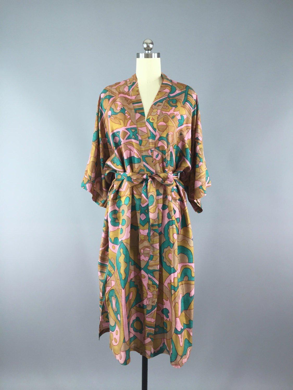 Raw Silk Sari Robe / Abstract Print - ThisBlueBird