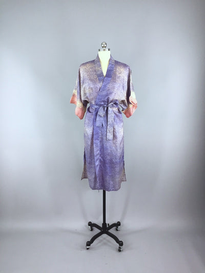 Raw Silk Sari Robe / Blue Arabesque Print - ThisBlueBird