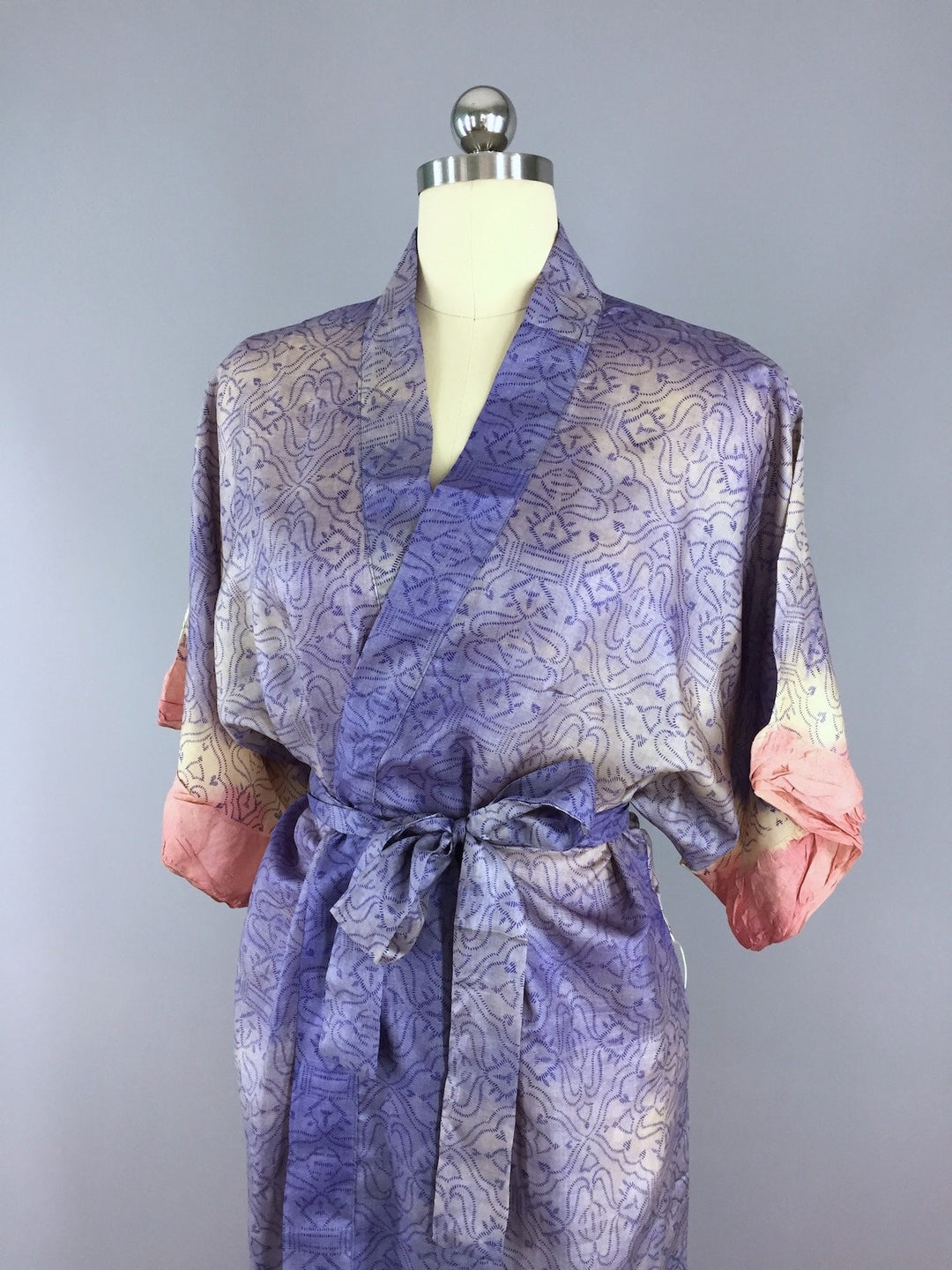 Raw Silk Sari Robe / Blue Arabesque Print - ThisBlueBird