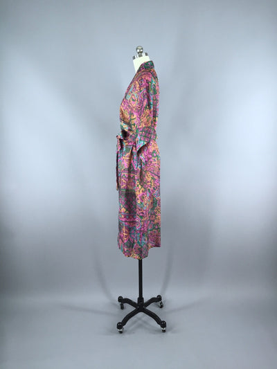 Raw Silk Sari Robe / Pink Abstract Print - ThisBlueBird