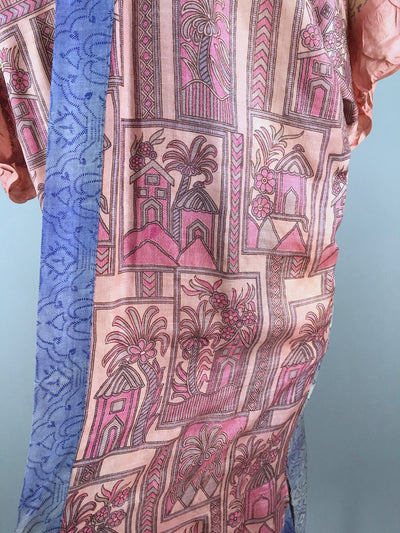 Raw Silk Sari Robe / Pink Palm Trees - ThisBlueBird