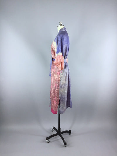 Raw Silk Sari Robe / Pink Palm Trees - ThisBlueBird