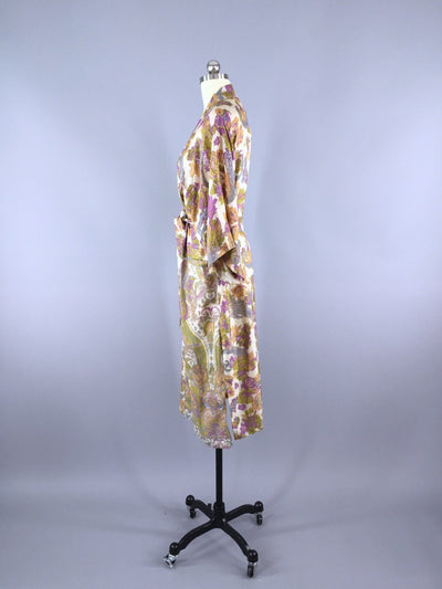 Raw Silk Sari Robe / Purple Floral Print - ThisBlueBird
