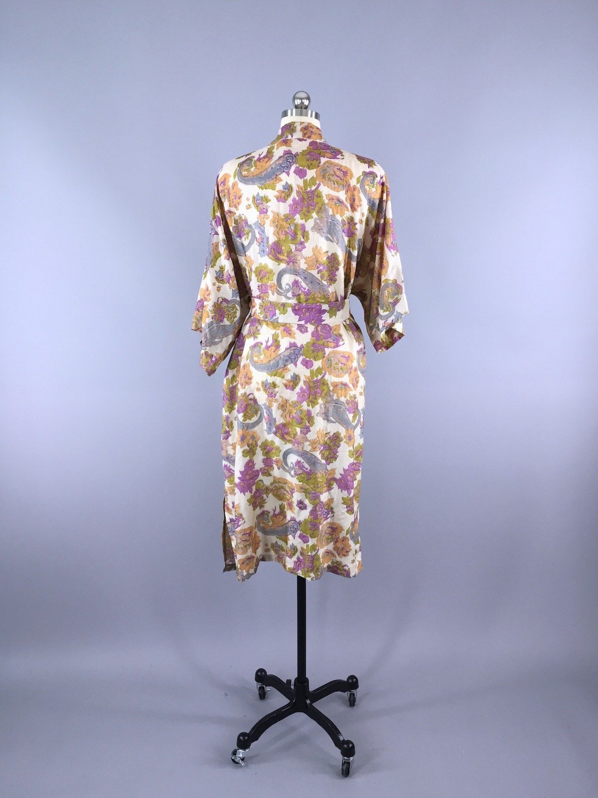 Raw Silk Sari Robe / Purple Floral Print - ThisBlueBird