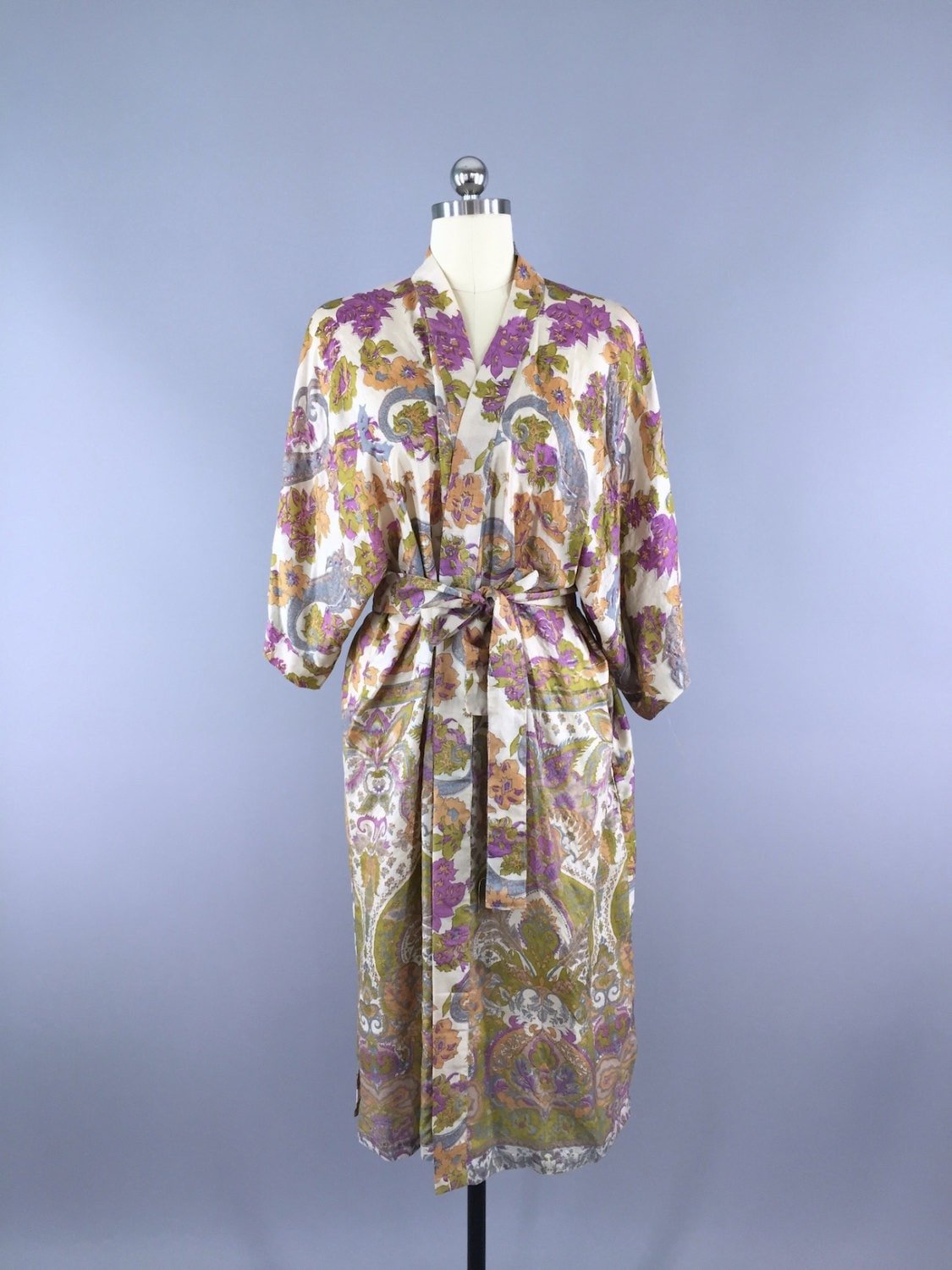 Raw Silk Sari Robe / Purple Floral Print - ThisBlueBird