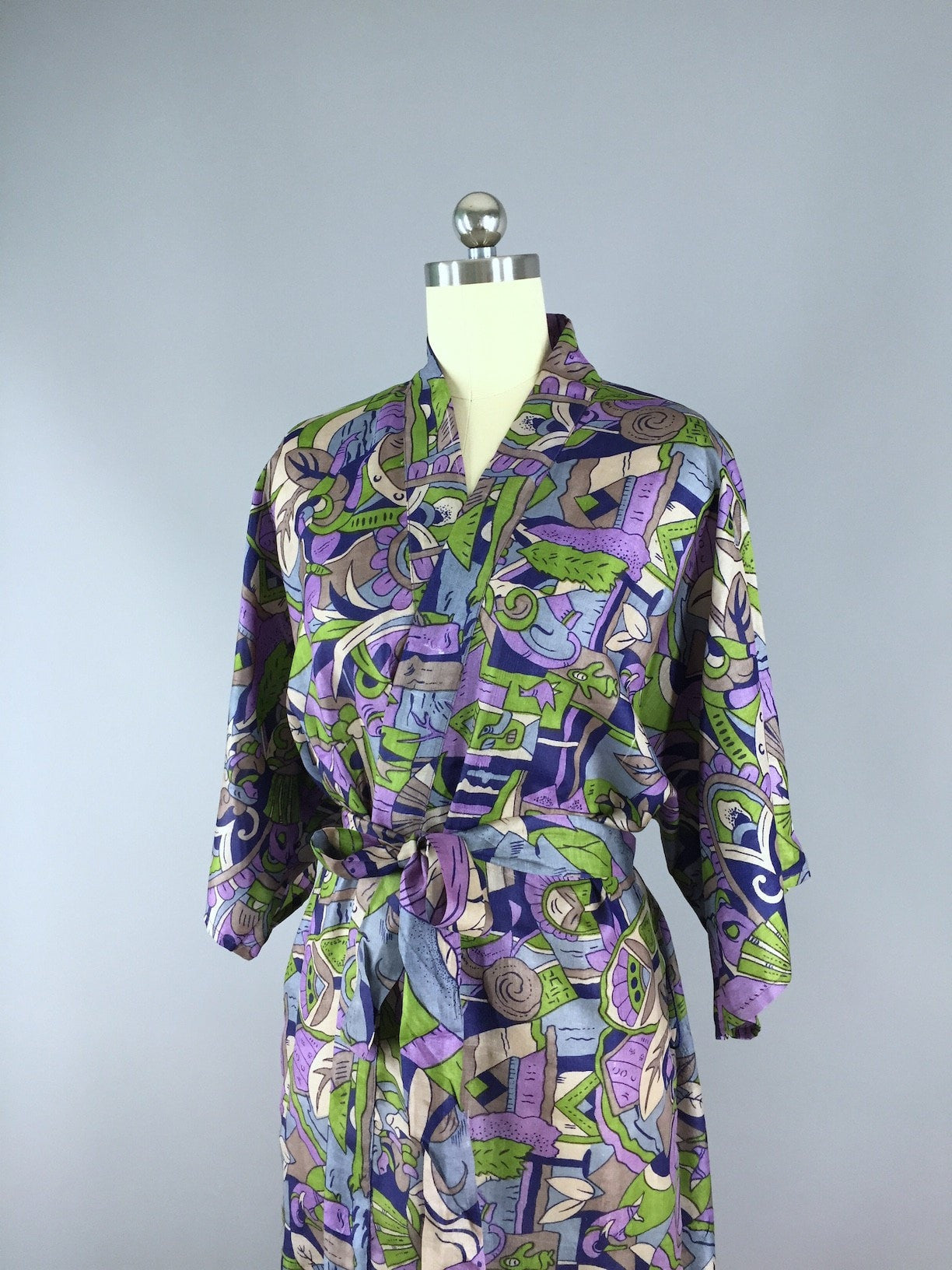 Raw Silk Sari Robe / Purple & Grey Art Deco Bird Print - ThisBlueBird