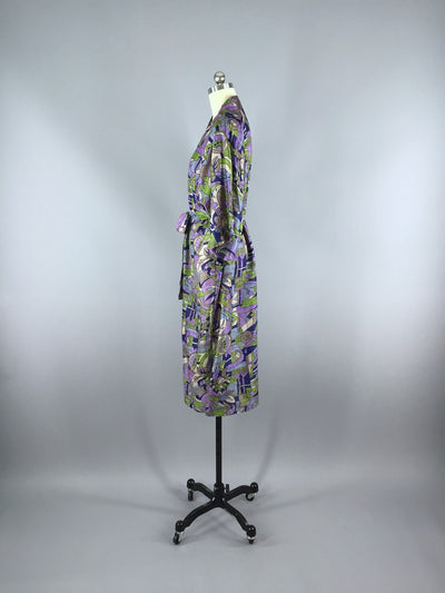 Raw Silk Sari Robe / Purple & Grey Art Deco Bird Print - ThisBlueBird