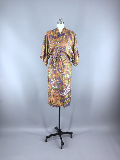 Raw Silk Sari Robe / Tan & Purple Abstract Print - ThisBlueBird