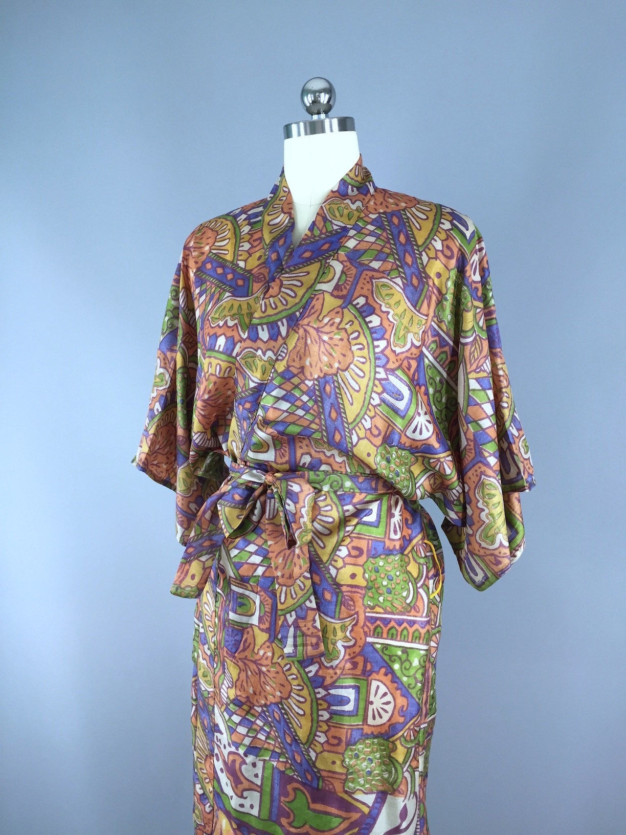 Sari Robe Raw Silk Sari Robe / Tan & Purple Abstract Print – ThisBlueBird