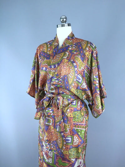 Raw Silk Sari Robe / Tan & Purple Abstract Print - ThisBlueBird