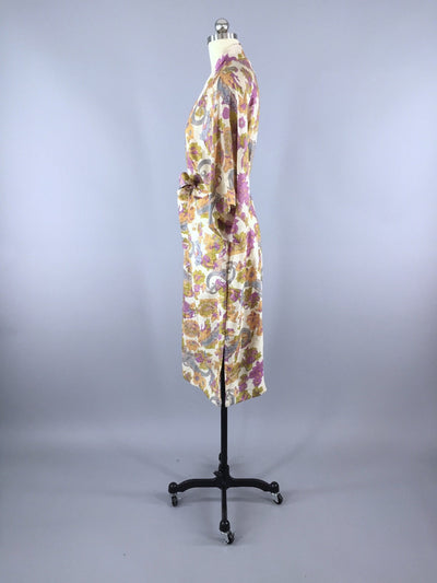 Raw Silk Sari Robe / Vintage Indian Sari / Ecru Purple Floral - ThisBlueBird