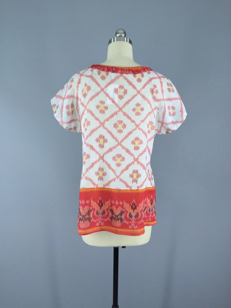 Red and White Ikat Indian Cotton T-Shirt made from a Vintage Indian Sari - ThisBlueBird