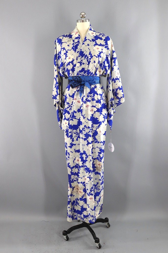 RESERVED - Vintage Blue Floral Silk Kimono Robe-ThisBlueBird - Modern Vintage