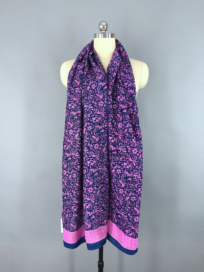 Sari Scarf / Blue & Pink Floral Batik Print - ThisBlueBird