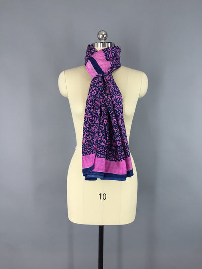 Sari Scarf / Blue & Pink Floral Batik Print - ThisBlueBird