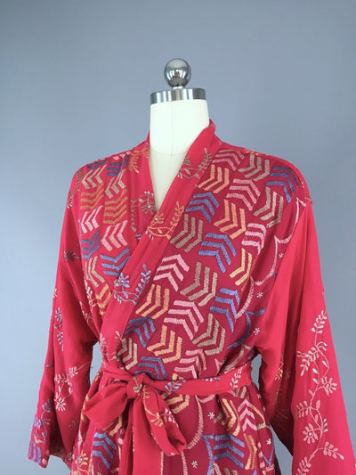 Silk Chiffon Kimono Cardigan made from a Vintage Indian Sari with Red Chevron Embroidery - ThisBlueBird
