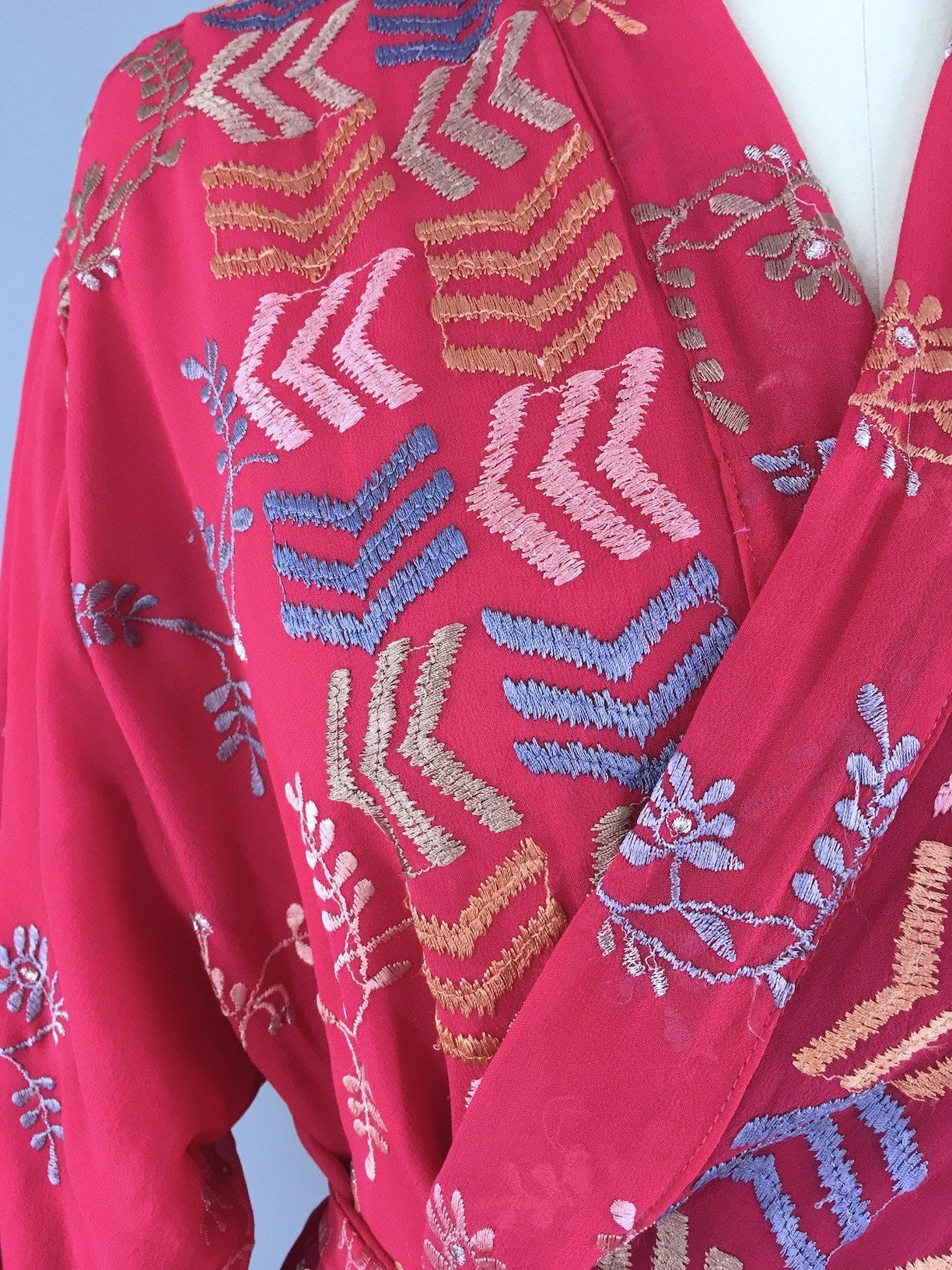 Silk Chiffon Kimono Cardigan made from a Vintage Indian Sari with Red Chevron Embroidery - ThisBlueBird
