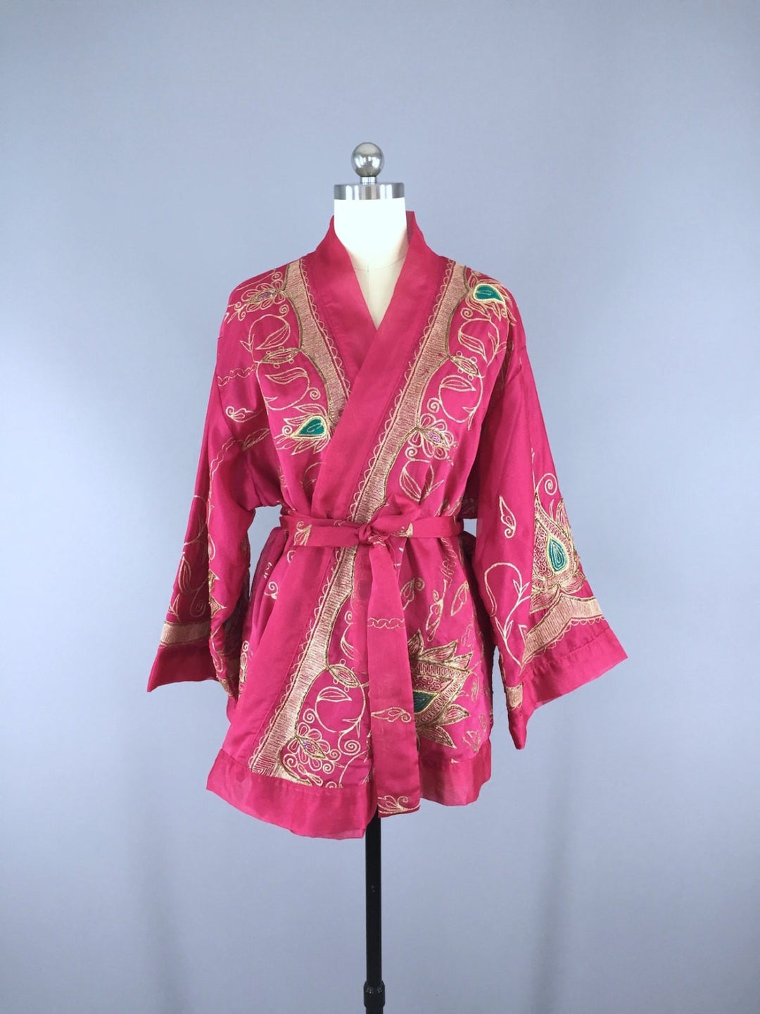Silk Chiffon Kimono Cardigan / Vintage Indian Sari / Embroidered Pink - ThisBlueBird