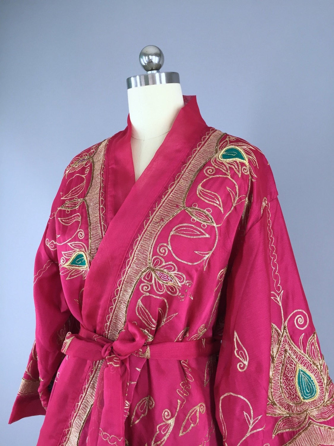 Silk Chiffon Kimono Cardigan / Vintage Indian Sari / Embroidered Pink - ThisBlueBird