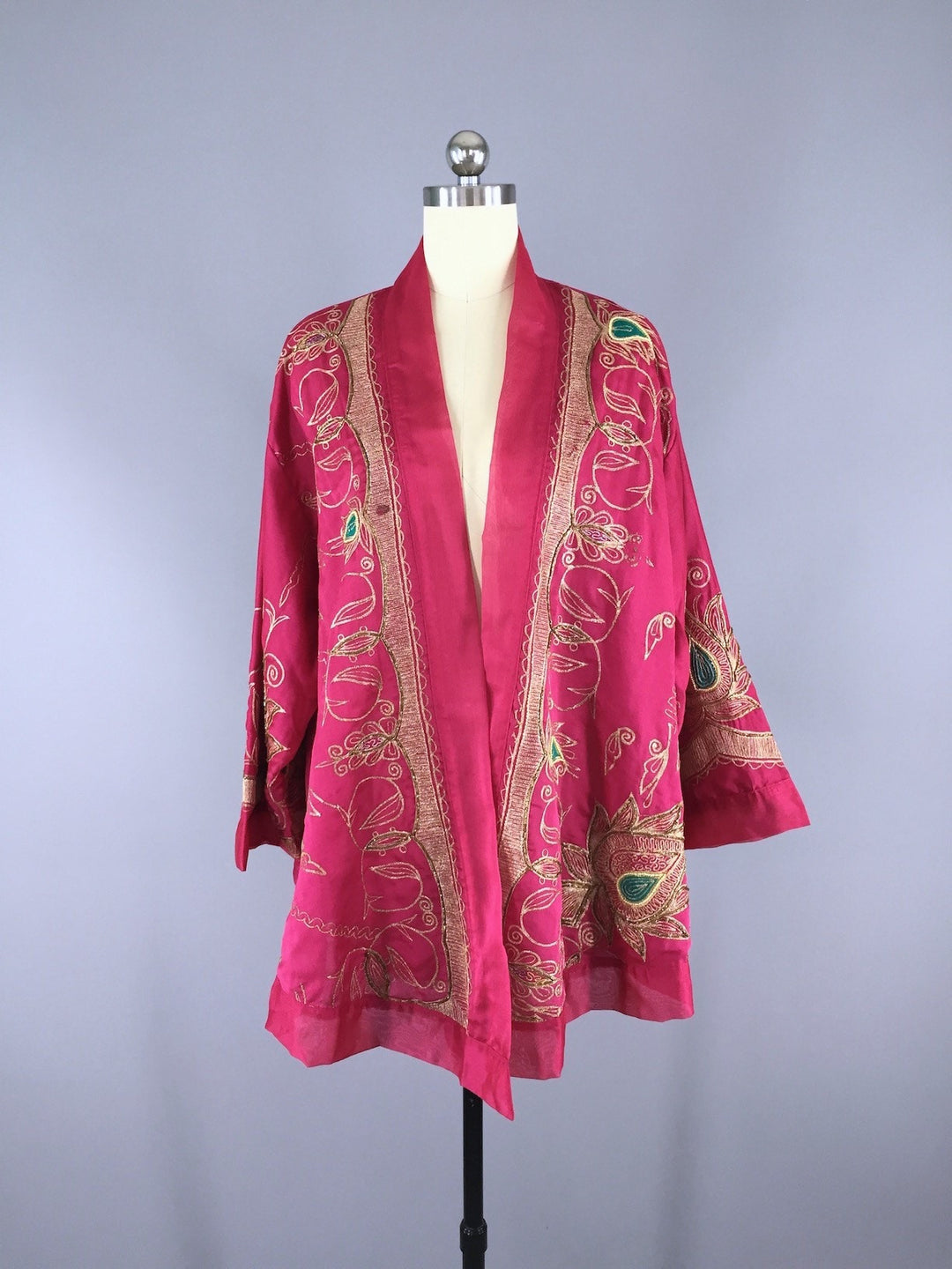 Silk Chiffon Kimono Cardigan / Vintage Indian Sari / Embroidered Pink - ThisBlueBird