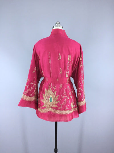 Silk Chiffon Kimono Cardigan / Vintage Indian Sari / Embroidered Pink - ThisBlueBird