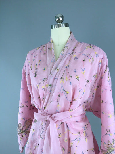 Silk Chiffon Kimono Cardigan / Vintage Indian Sari / Pastel Pink Floral - ThisBlueBird