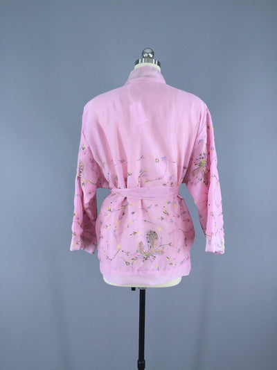 Silk Chiffon Kimono Cardigan / Vintage Indian Sari / Pastel Pink Floral - ThisBlueBird