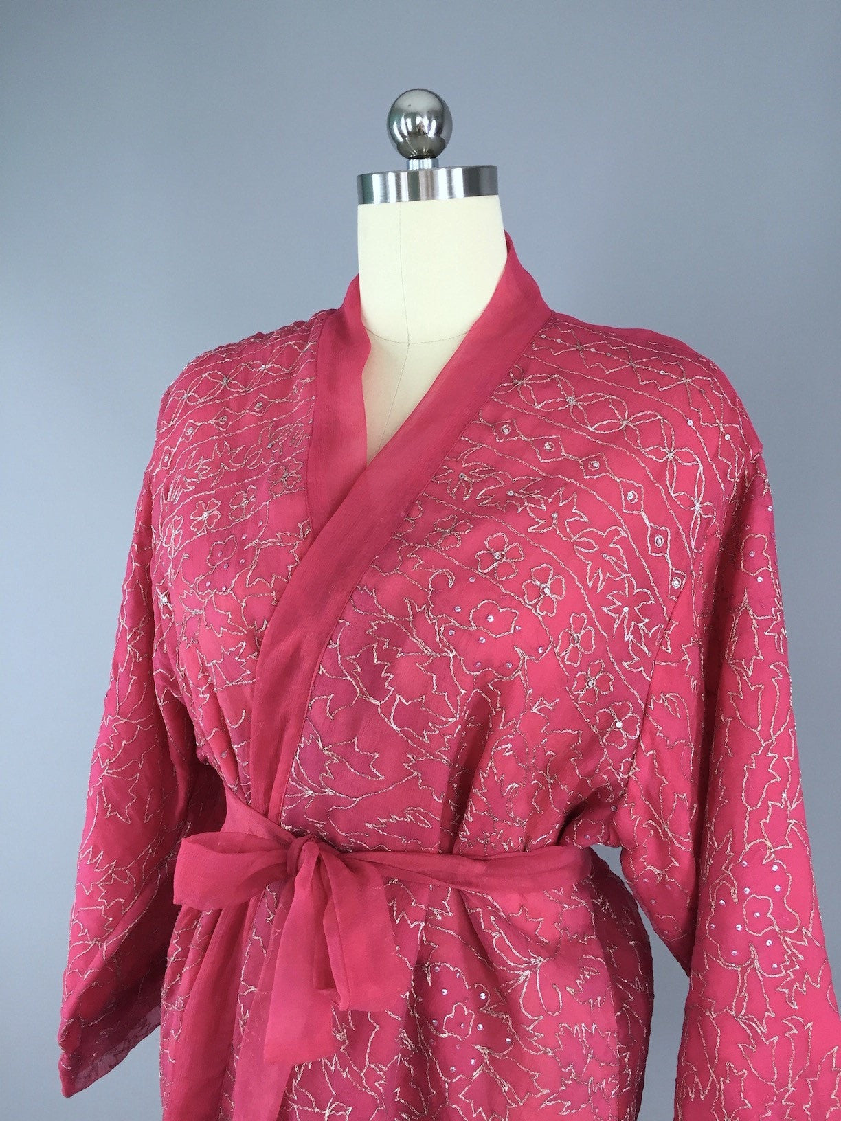 Silk Chiffon Kimono Cardigan / Vintage Indian Sari / Pink & Gold Embroidery - ThisBlueBird