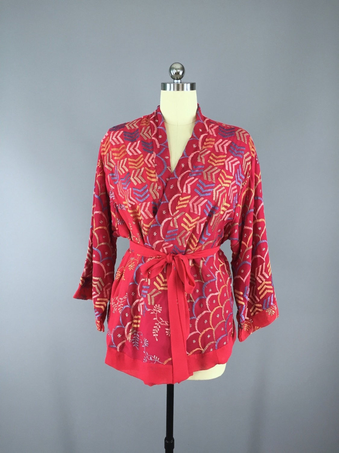 Silk Chiffon Kimono Cardigan / Vintage Indian Sari / Red Chevrons ...