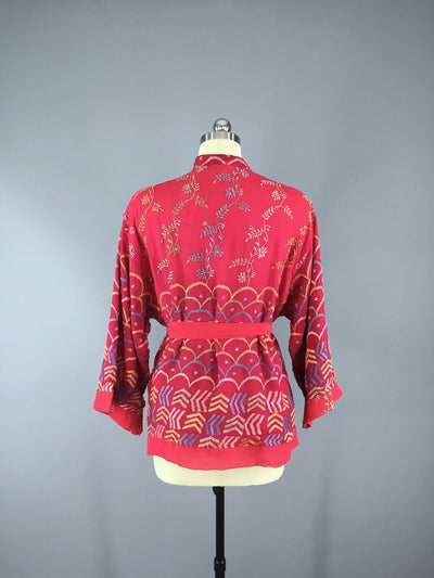 Silk Chiffon Kimono Cardigan / Vintage Indian Sari / Red Chevrons - ThisBlueBird