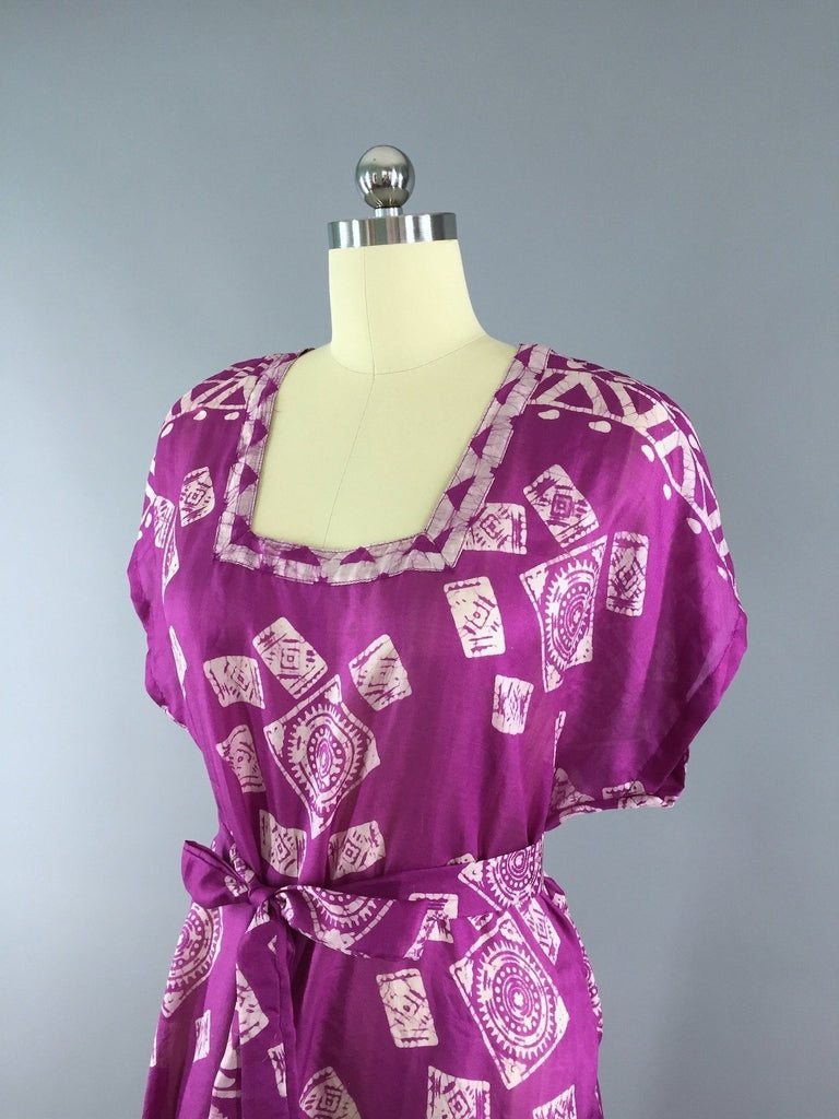 Silk Kaftan Dress / Vintage Indian Sari / Magenta Batik - ThisBlueBird
