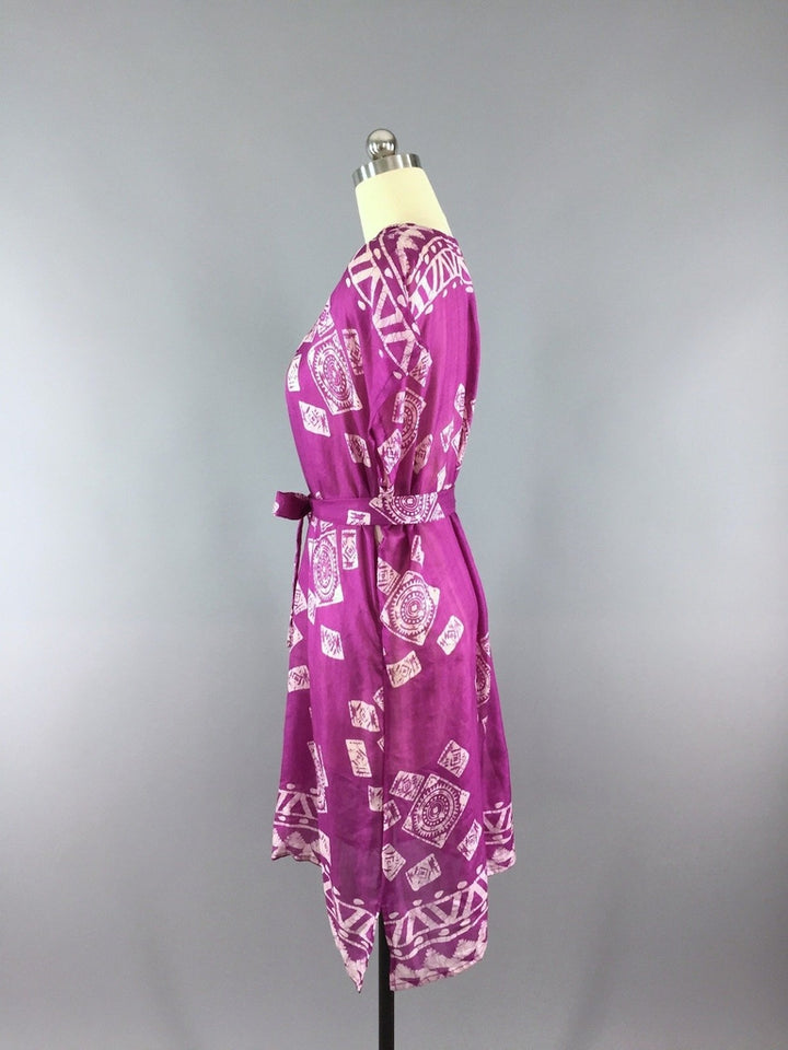 Silk Kaftan Dress / Vintage Indian Sari / Magenta Batik - ThisBlueBird