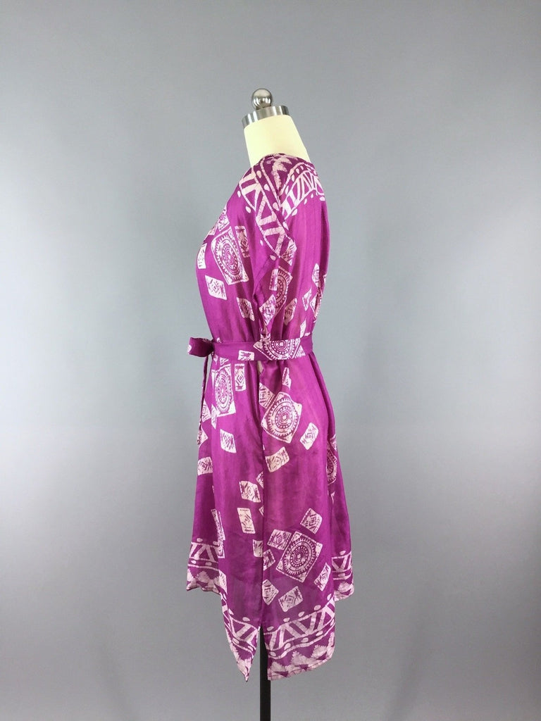 Silk Kaftan Dress / Vintage Indian Sari / Magenta Batik - ThisBlueBird