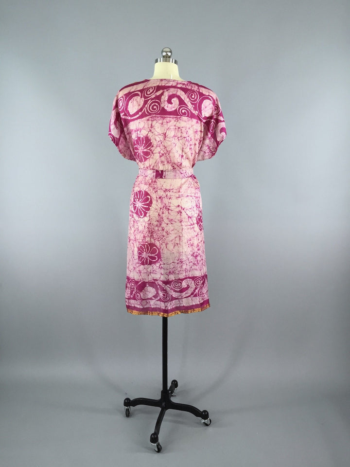 Silk Kaftan Dress / Vintage Indian Sari / Pink Batik Tie Dye - ThisBlueBird